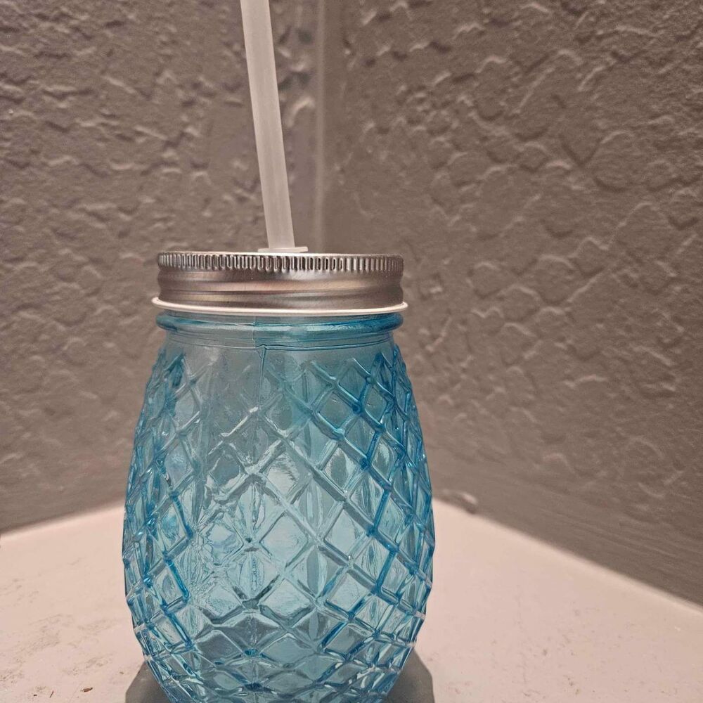 Blue Glass Pineapple Shaped Drinking Glass Mason Jar Sipper Glasses 16 ounce